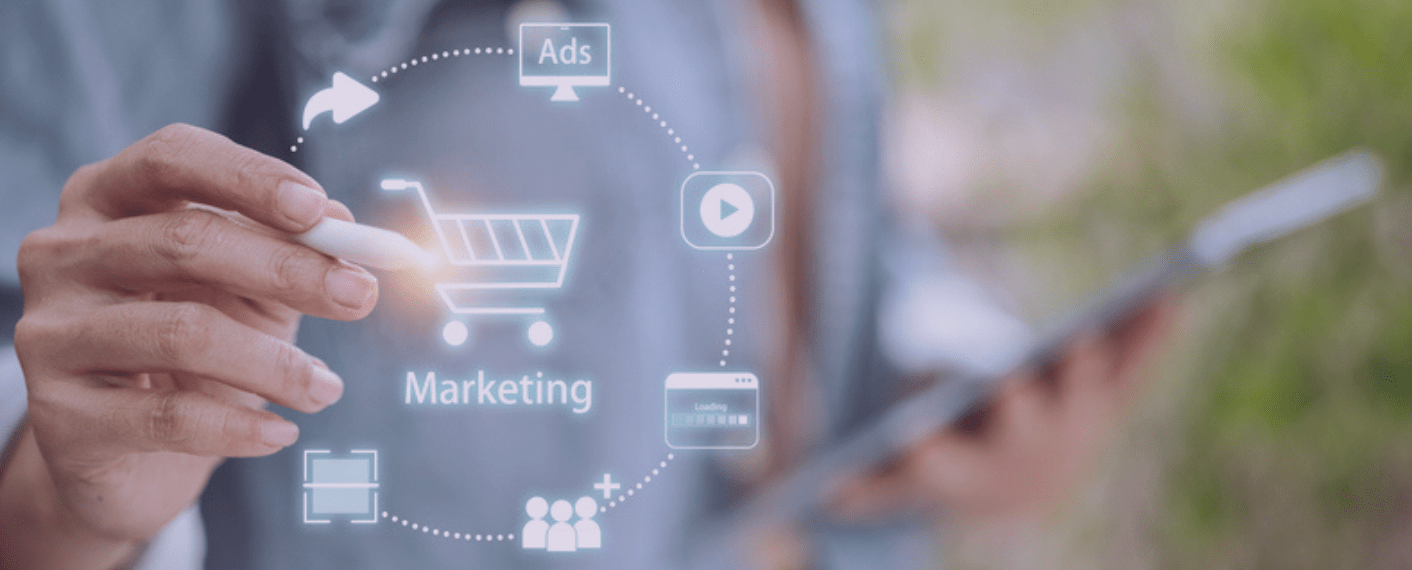 Illustration des leviers marketing digital pour le recommerce avec icônes de panier d'achat, publicités et engagement client.