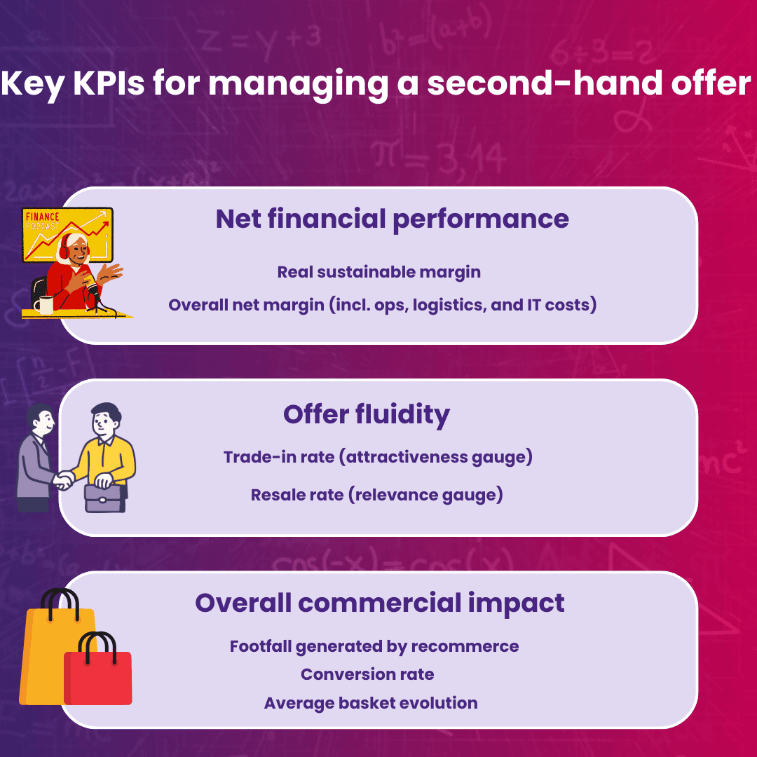 Retail KPI dashboard for second-hand: finance, flow, and commercial impact.