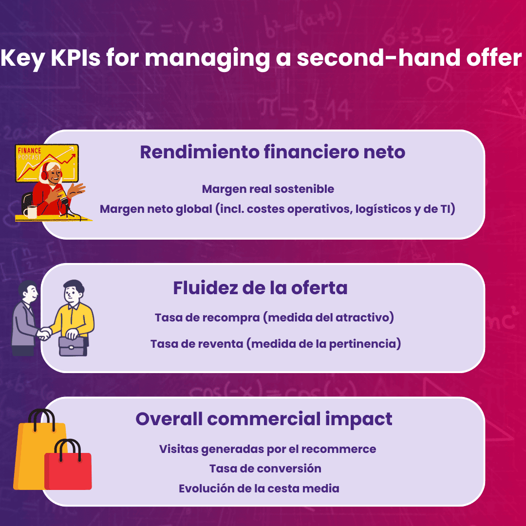 Tabla de KPI de retail para la segunda mano: finanzas, flujo e impacto comercial.