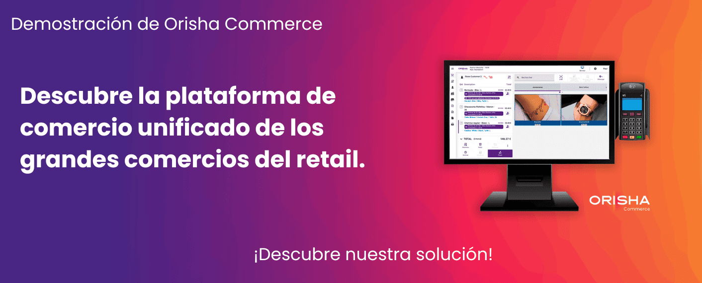 Banner promocional de la demo de Orisha Commerce que muestra la plataforma de comercio unificado en un monitor y un terminal de pago.