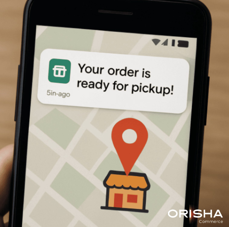Écran de smartphone affichant une notification Orisha "Your order is ready for pickup" avec une icône de géolocalisation.