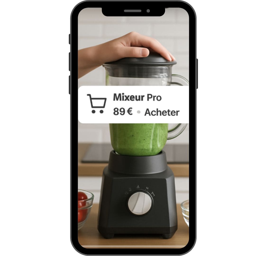 Écran de smartphone affichant une vidéo shoppable d'un mixeur avec une fenêtre d'achat interactive.