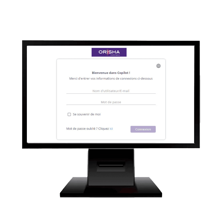 Écran de connexion sécurisé du logiciel Fastmag Copilot par Orisha Commerce sur un moniteur professionnel.