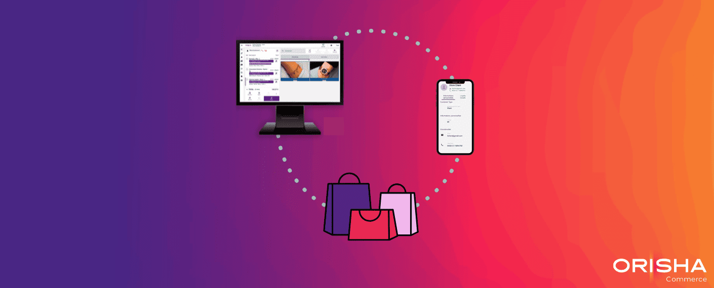 Schéma de commerce omnicanal Orisha Commerce reliant un ordinateur, un smartphone et des sacs de shopping.