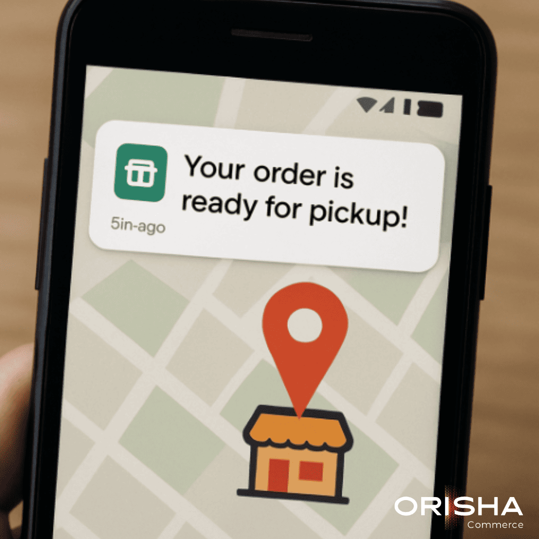 Écran de smartphone affichant une notification Orisha "Your order is ready for pickup" avec une icône de géolocalisation.