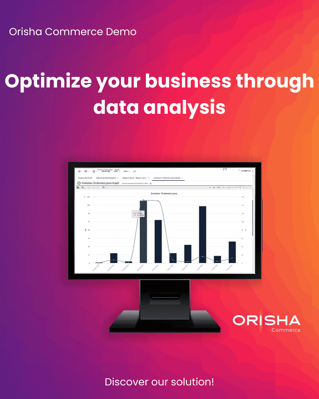 Promotional banner for Orisha Commerce Demo featuring a data analysis dashboard with bar charts on a desktop monitor.