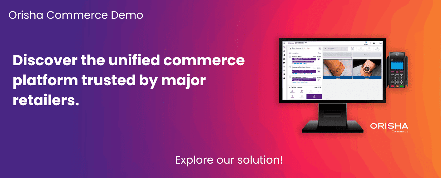 Promotional banner for Orisha Commerce Demo showing a unified commerce platform on a desktop monitor and a retail payment terminal.