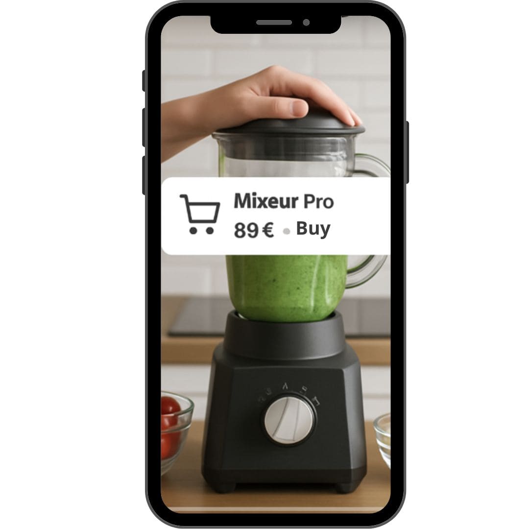 Smartphone screen showing a shoppable video of a blender with an interactive purchase overlay.