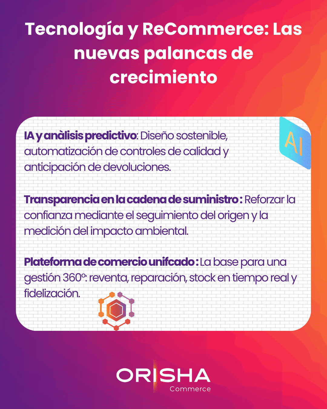Infografía sobre tecnología y palancas de crecimiento en el recommerce, destacando la IA, la transparencia de la cadena de suministro y las plataformas de comercio unificado de Orisha Commerce.