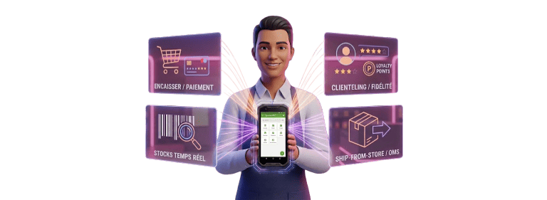 Vendeur retail souriant utilisant une super-app sur un terminal mobile. Quatre panneaux holographiques affichent : Encaissement/Paiement, Stocks temps réel, Clienteling/Fidélité et Ship-from-Store/OMS.