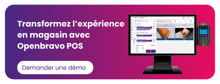 Bannière Orisha Commerce invitant à transformer l'expérience en magasin avec Openbravo POS. Un bouton 'Demander une démo' accompagne un visuel de l'interface d'encaissement et un terminal de paiement.