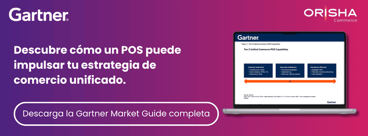 Banner de Orisha Commerce con el logo de Gartner invitando a descargar el Market Guide completo para impulsar la estrategia de comercio unificado. Un portátil muestra las capacidades del POS.