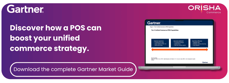 Orisha Commerce banner with Gartner logo inviting to download the full Market Guide to boost unified commerce strategy. A laptop displays Tier 2 POS capabilities.
