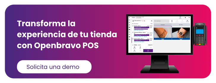 Banner de Orisha Commerce para transformar la experiencia en tienda con Openbravo POS. Incluye un botón para 'Pedir una demo' junto a la interfaz del software TPV y un terminal de pago.