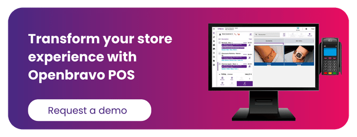 Orisha Commerce banner to transform store experience with Openbravo POS. A 'Request a demo' button next to the modern POS software interface and a payment terminal.