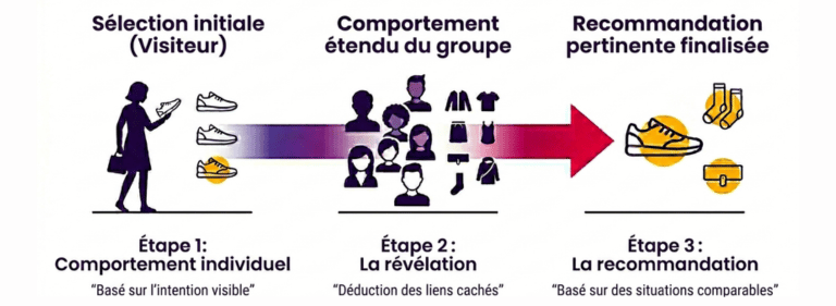 Schéma expliquant le processus : Comportement individuel, Révélation et Recommandation.
