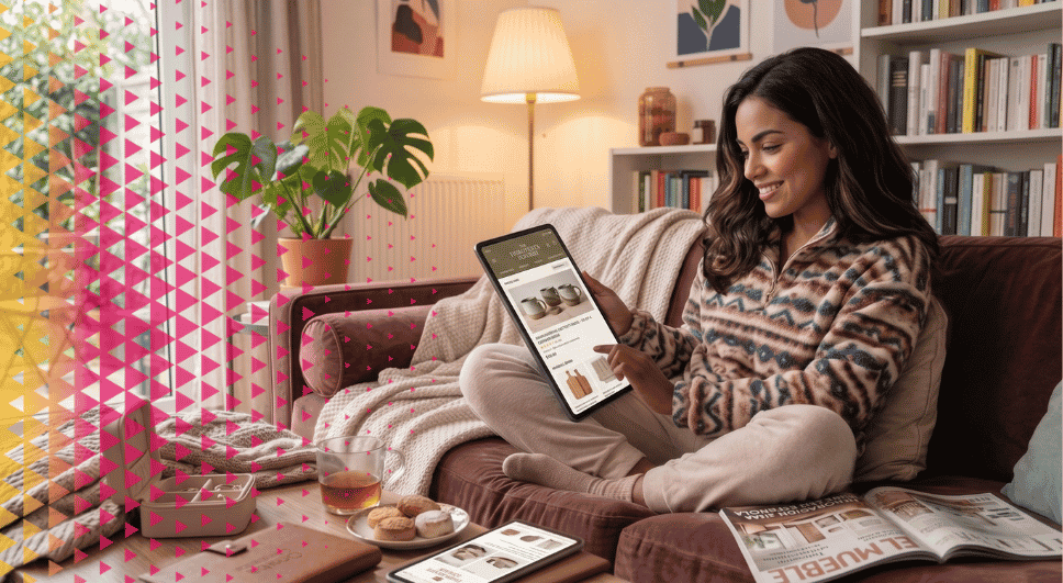 A smiling woman sitting comfortably on a couch while using a tablet to browse a unified commerce platform powered by AI.