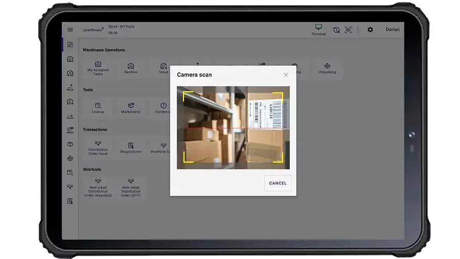 Doing a barcode read with the camera of a mobile device running Openbravo SSMS